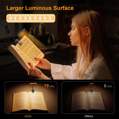 👉 Leselampe mit Klemme – USB wiederaufladbare Buchlampe mit 19 LEDs, 3 Farbmodi, stufenlos dimmbar, lange Laufzeit, 360° flexibel, ideale Klemmleuchte fürs Nachtlesen im Bett