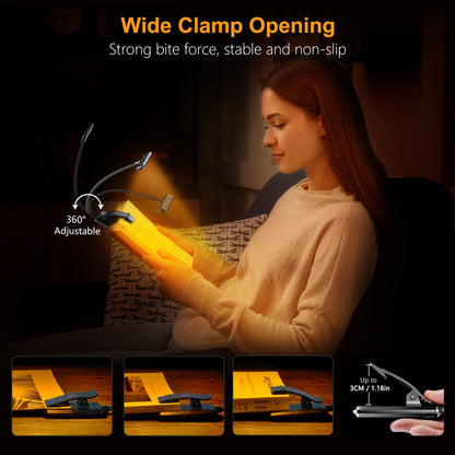 👉 Leselampe mit Klemme – USB wiederaufladbare Buchlampe mit 19 LEDs, 3 Farbmodi, stufenlos dimmbar, lange Laufzeit, 360° flexibel, ideale Klemmleuchte fürs Nachtlesen im Bett