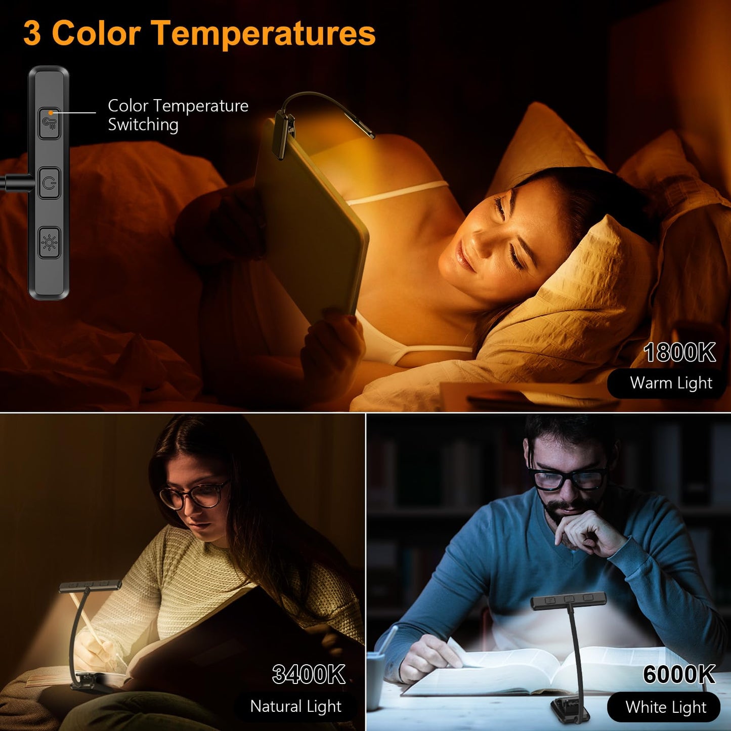 👉 Leselampe mit Klemme – USB wiederaufladbare Buchlampe mit 19 LEDs, 3 Farbmodi, stufenlos dimmbar, lange Laufzeit, 360° flexibel, ideale Klemmleuchte fürs Nachtlesen im Bett